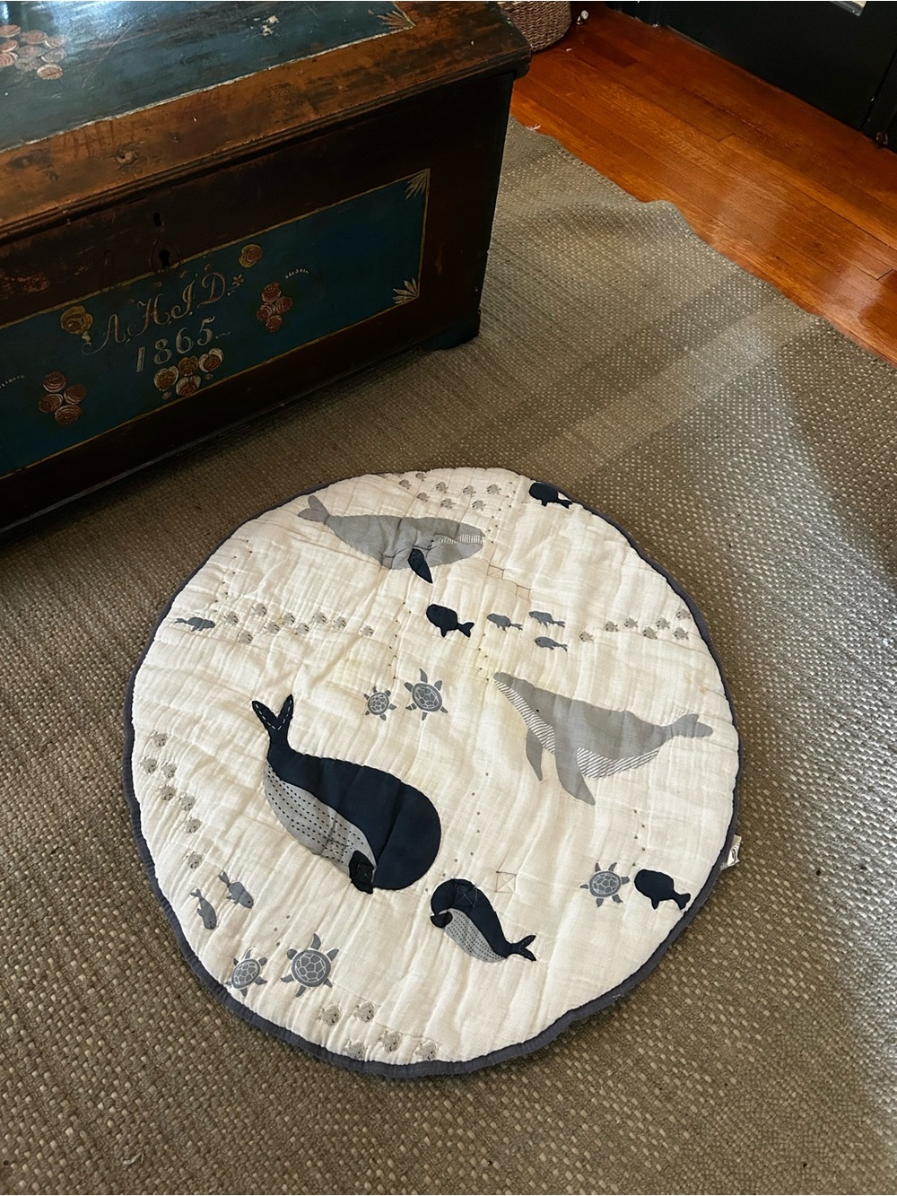 Pottery Barn Kids Round Whale Print Quilted Play Mat - Navy and Gray